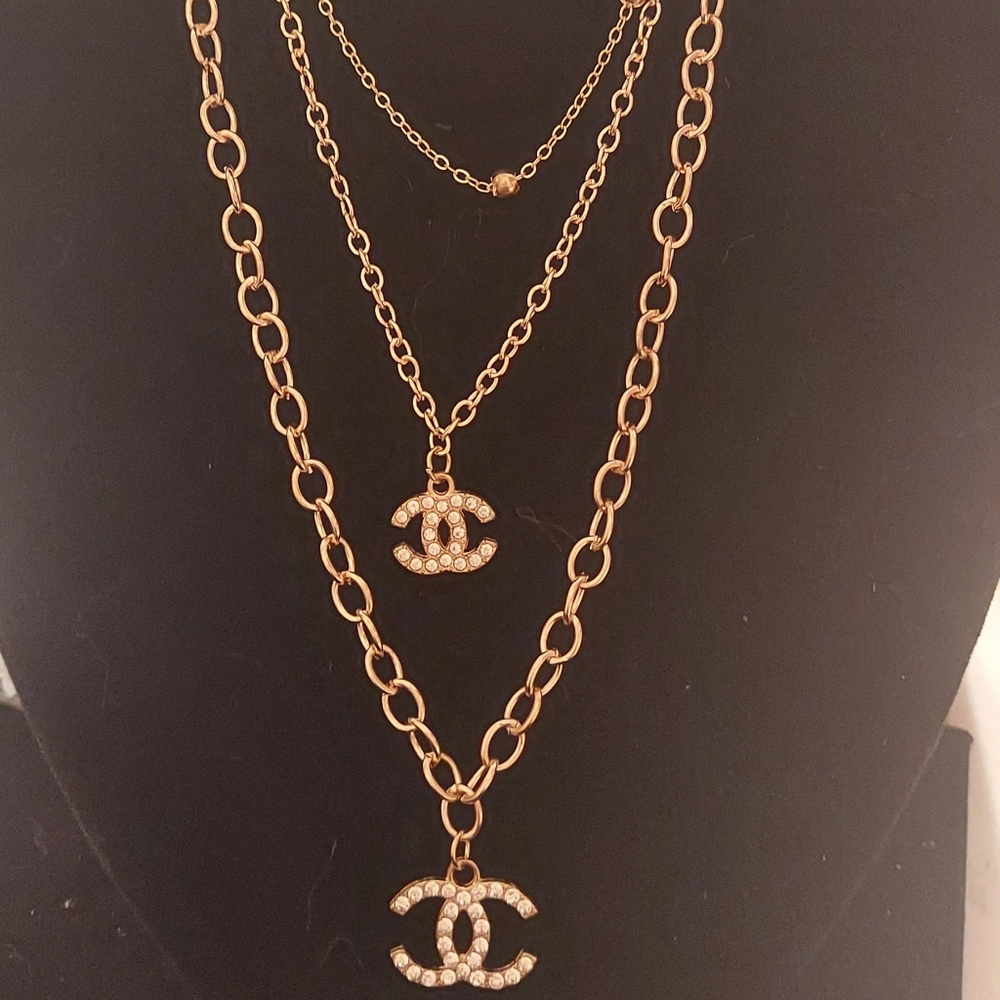 Designer Inspired Gold Tone Triple Layered Rhinestone Logo Necklace